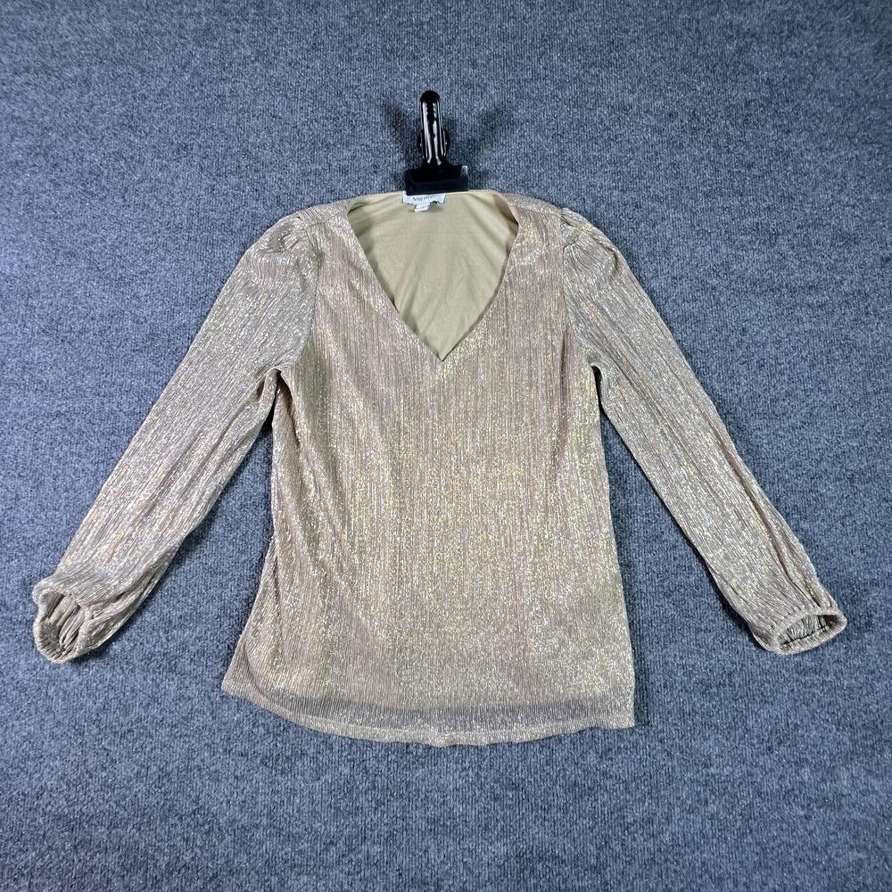 Nine West Brown Shimmer V-Neck Puff Sleeve Blouse Top Women's S 131MARNR884M